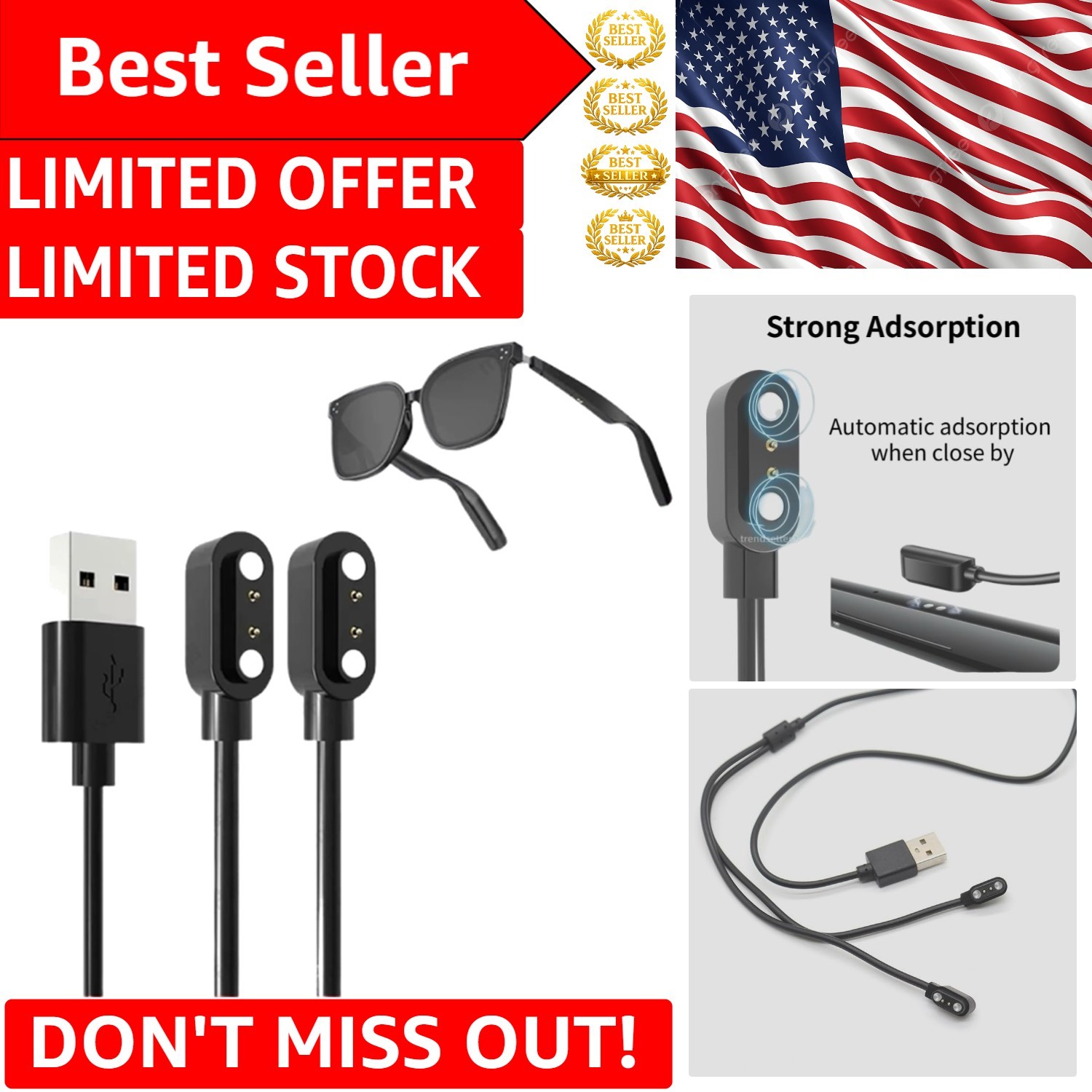 Fast Charging Magnetic Cable for Smartglasses – Reliable 60cm Cord Design