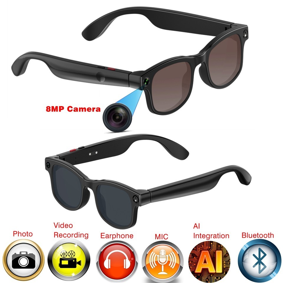 Video camera glasses with 8MP camera and bluetooth and microphone