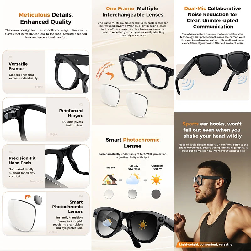 Smart HD Camera Glasses With Charging Case AI Translator Bluetooth Call Headset