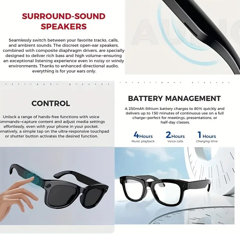 AI-powered smart music glasses with a camera, supporting 1080p HD video recordin