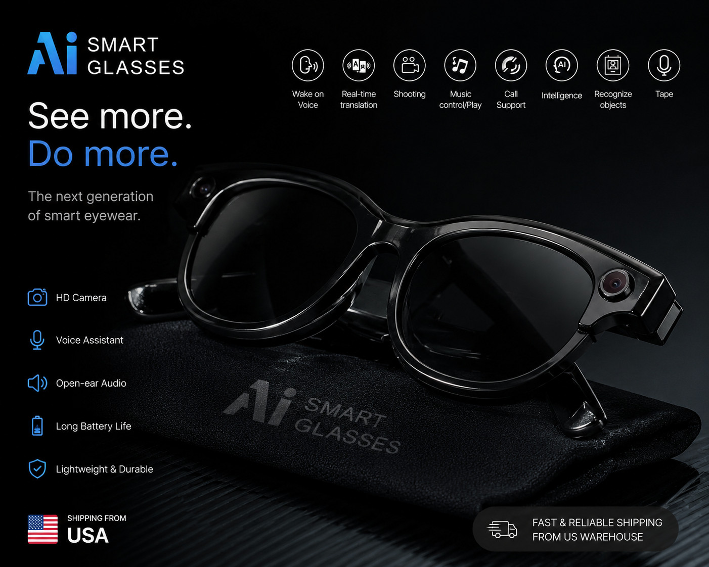 Smart AI Glasses with Camera & Microphone – Bluetooth Audio, POV Recording, Hand