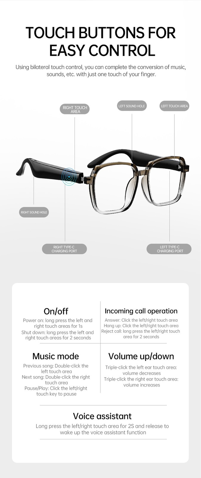 Smart Bluetooth Glasses AI Translation Dual-Side Touch Control Open-Ear Wireless