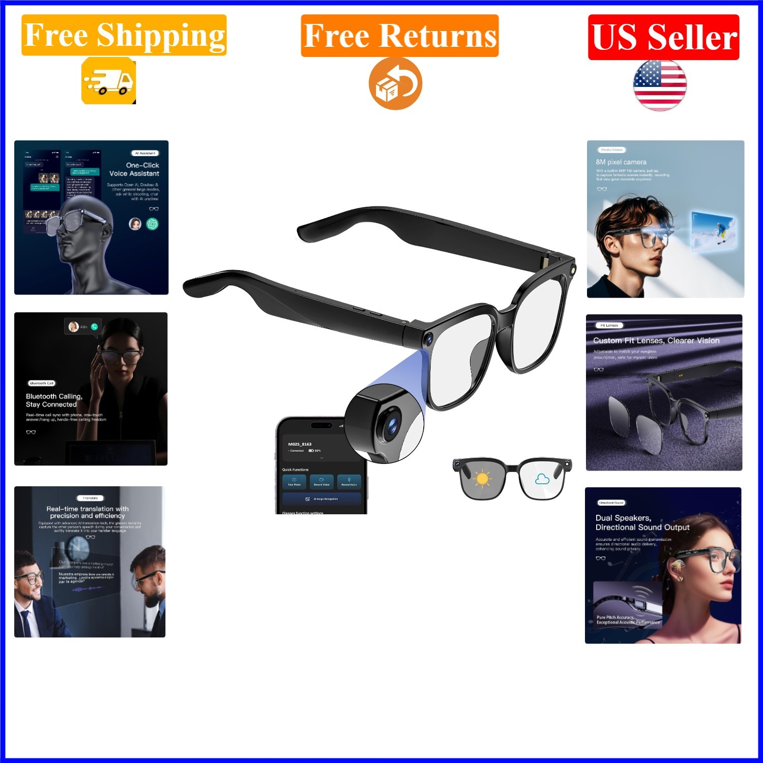 4K HD Smart Camera Glasses with Audio, Bluetooth, Wi-Fi, 32GB, Water-Resistant