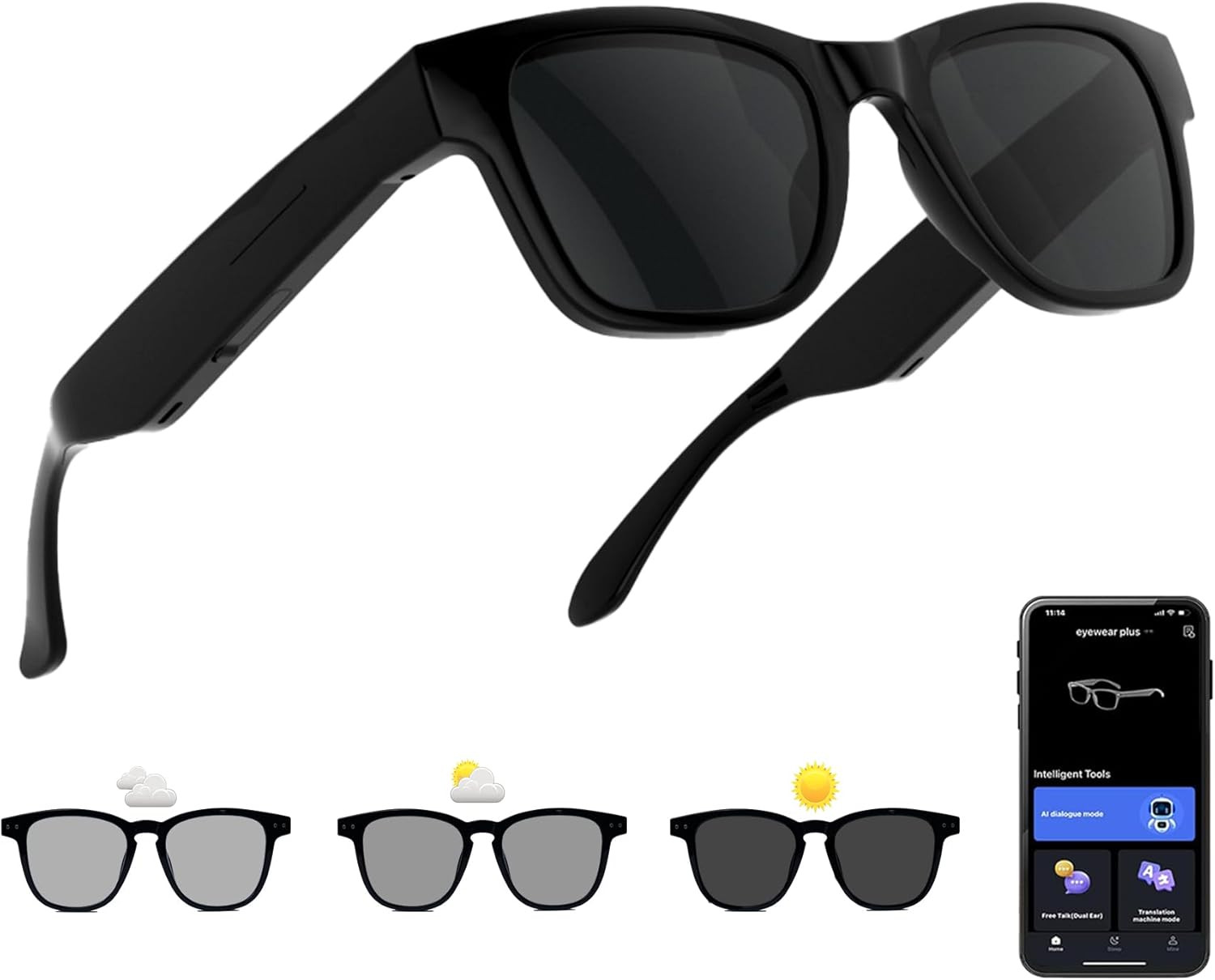 AI Smart Glasses with Color-Change Lenses Bluetooth Glasses for Men Women with T