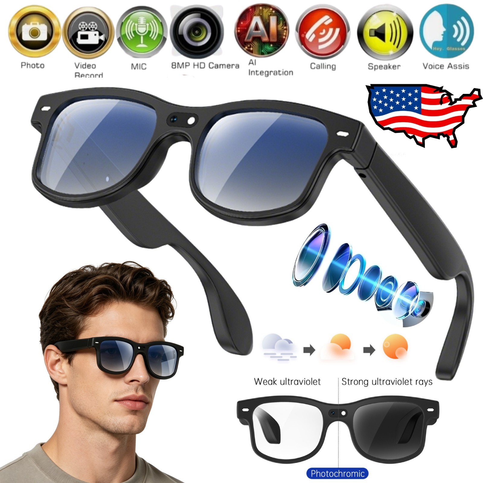 AI Smart Glasses with Camera Bluetooth Open-Ear Audio Video Recording Sunglasses
