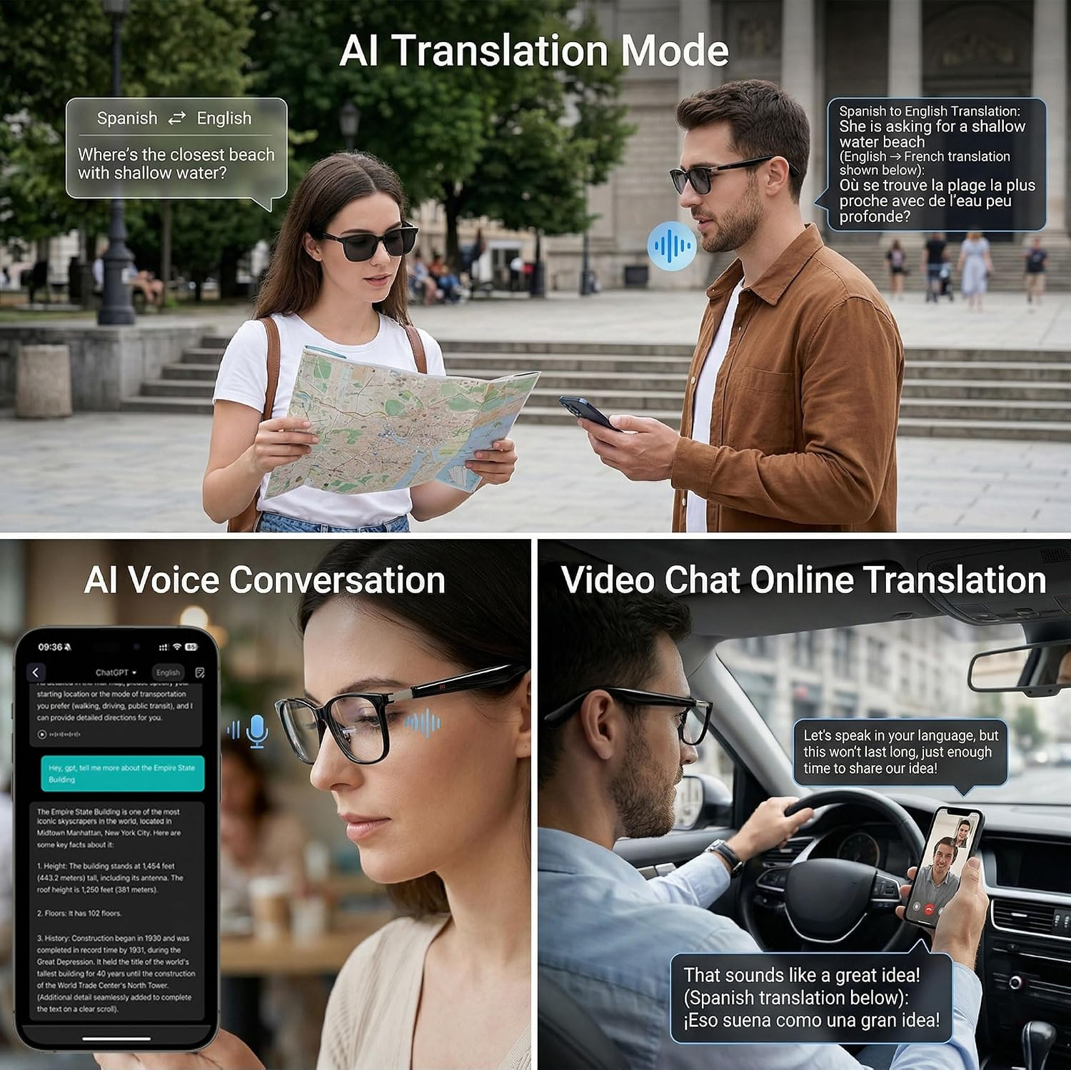 AI Smart Translation Glasses with Speakers | Bluetooth, 164 Language Translator,