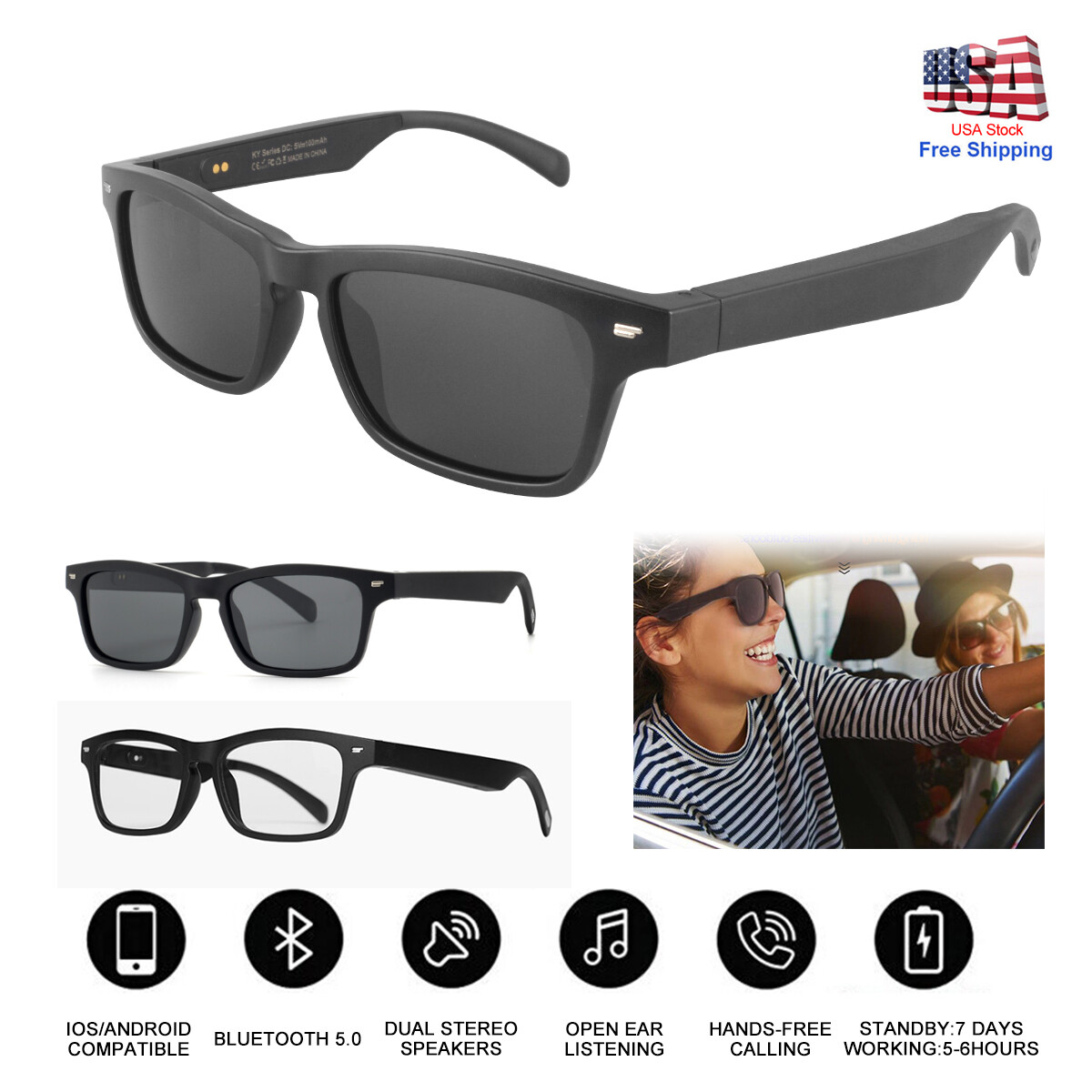Bluetooth Air Conduction Headphone +Smart Glasses Polarized Lens Stereo Voice