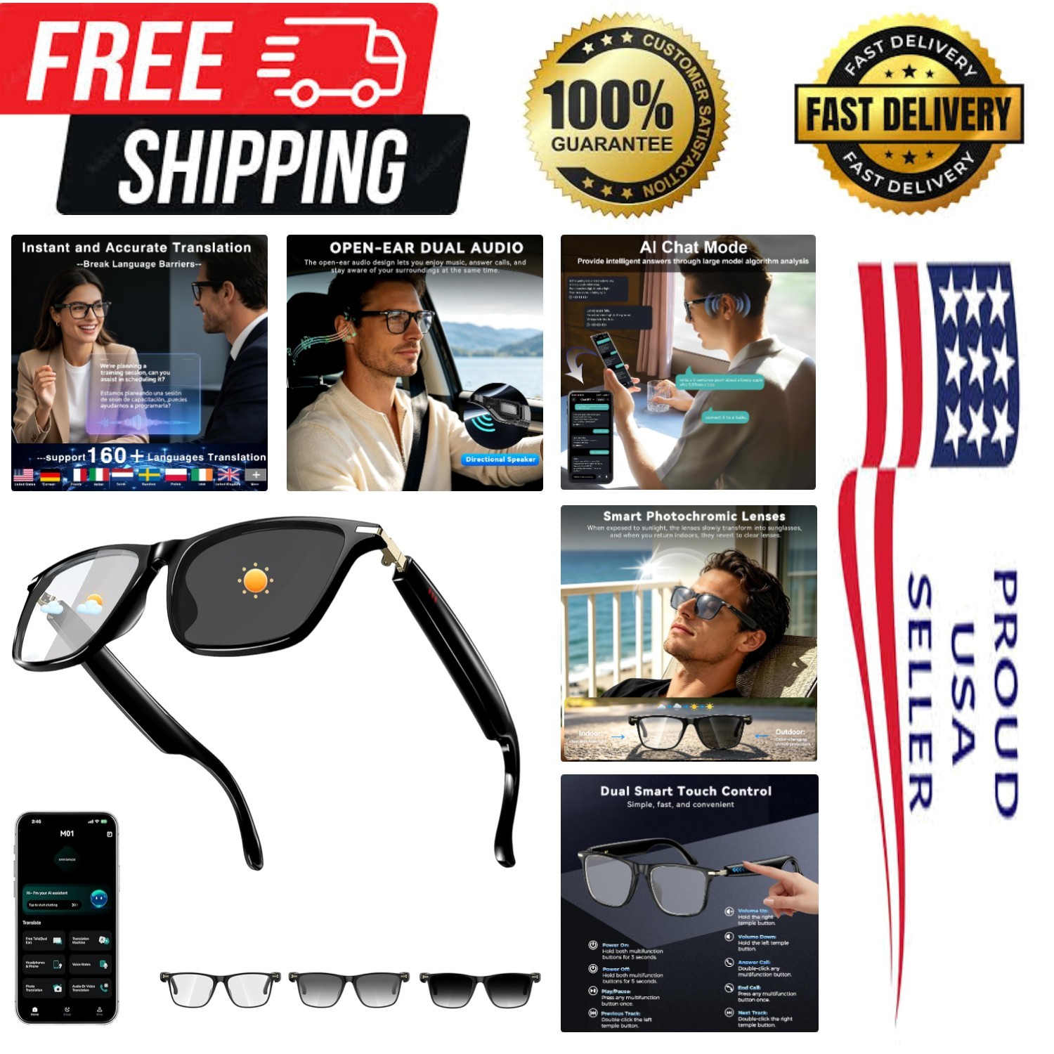 AI Smart Glasses with Voice Control – Bluetooth 5.4 & 164+ Languages, UV Prot…