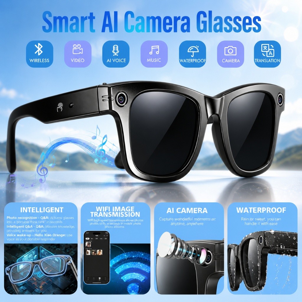 8MP AI Smart Glasses with HD Camera Voice Translation Video Recording Sunglasses