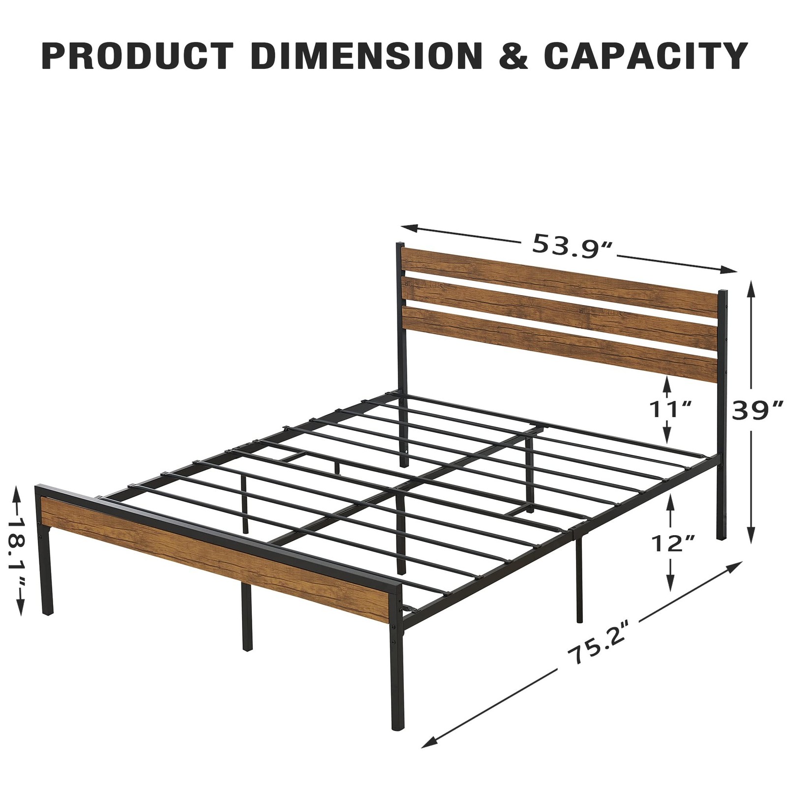 Amyove Full Size Bed Frame with Rustic Vintage Wood Headboard, Meta… Fast Ship