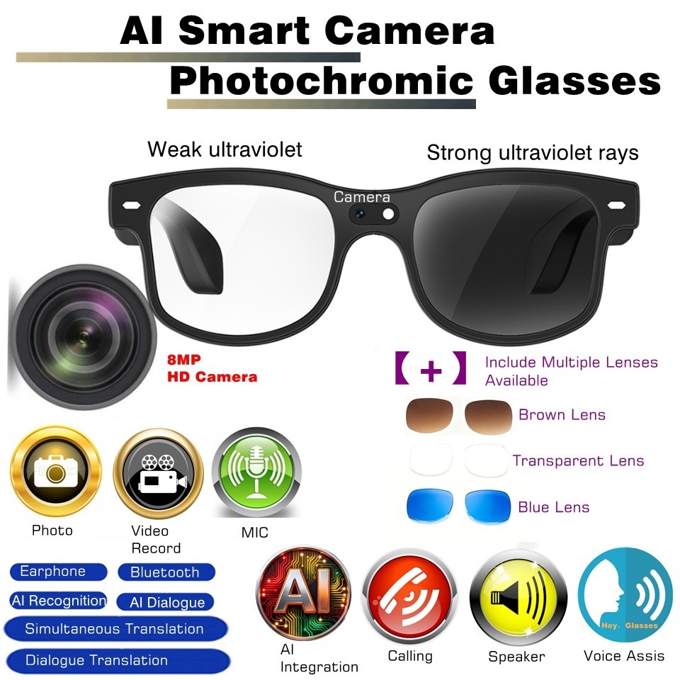 AI Smart Photochromic Glasses Multifunction Camera Bluetooth Call Voice Assis
