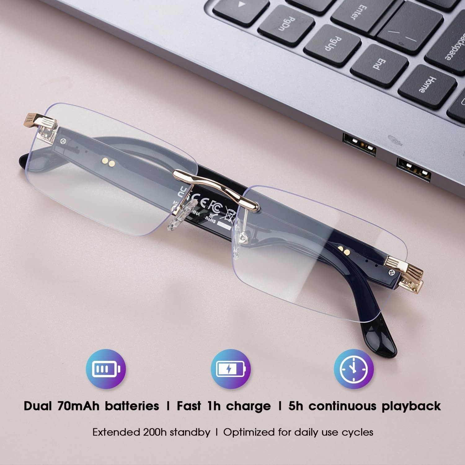 Real-Time AI Translation Glasses, Bluetooth Smart Eyewear for 164 Languages, Pho