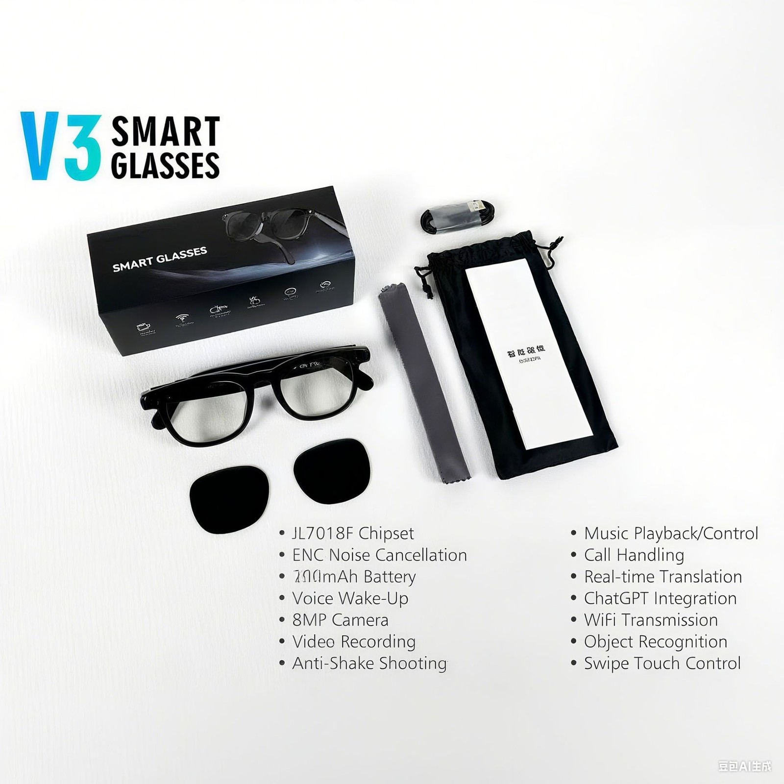 AI Glasses Smart Glasses with Camera Photo Video Bluetooth Fit IOS/Andriod yhn