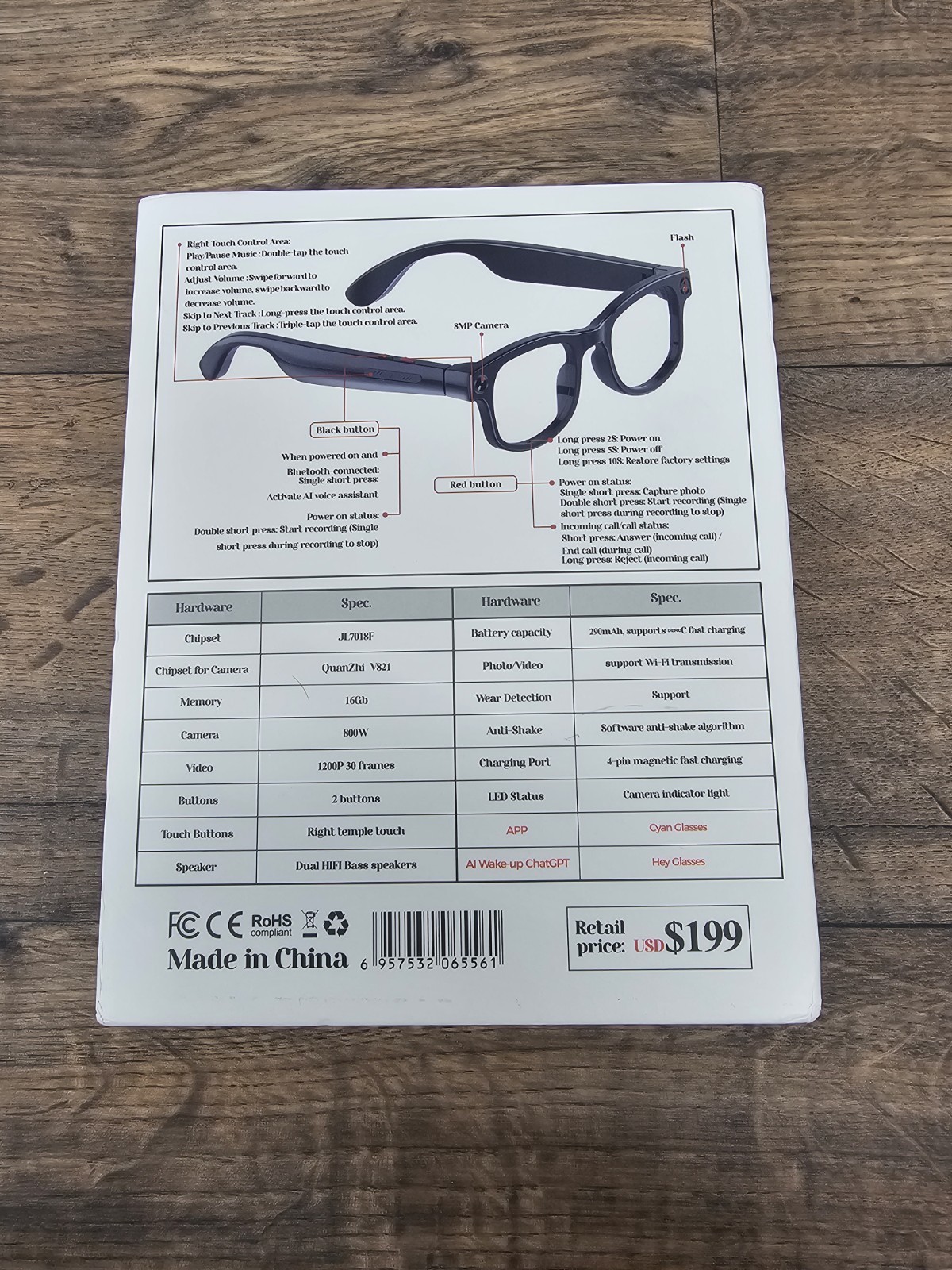 AIMB-G1 AI Smart Glasses 8MP Camera, Wi-Fi Bluetooth, 3 Lens Set, Black