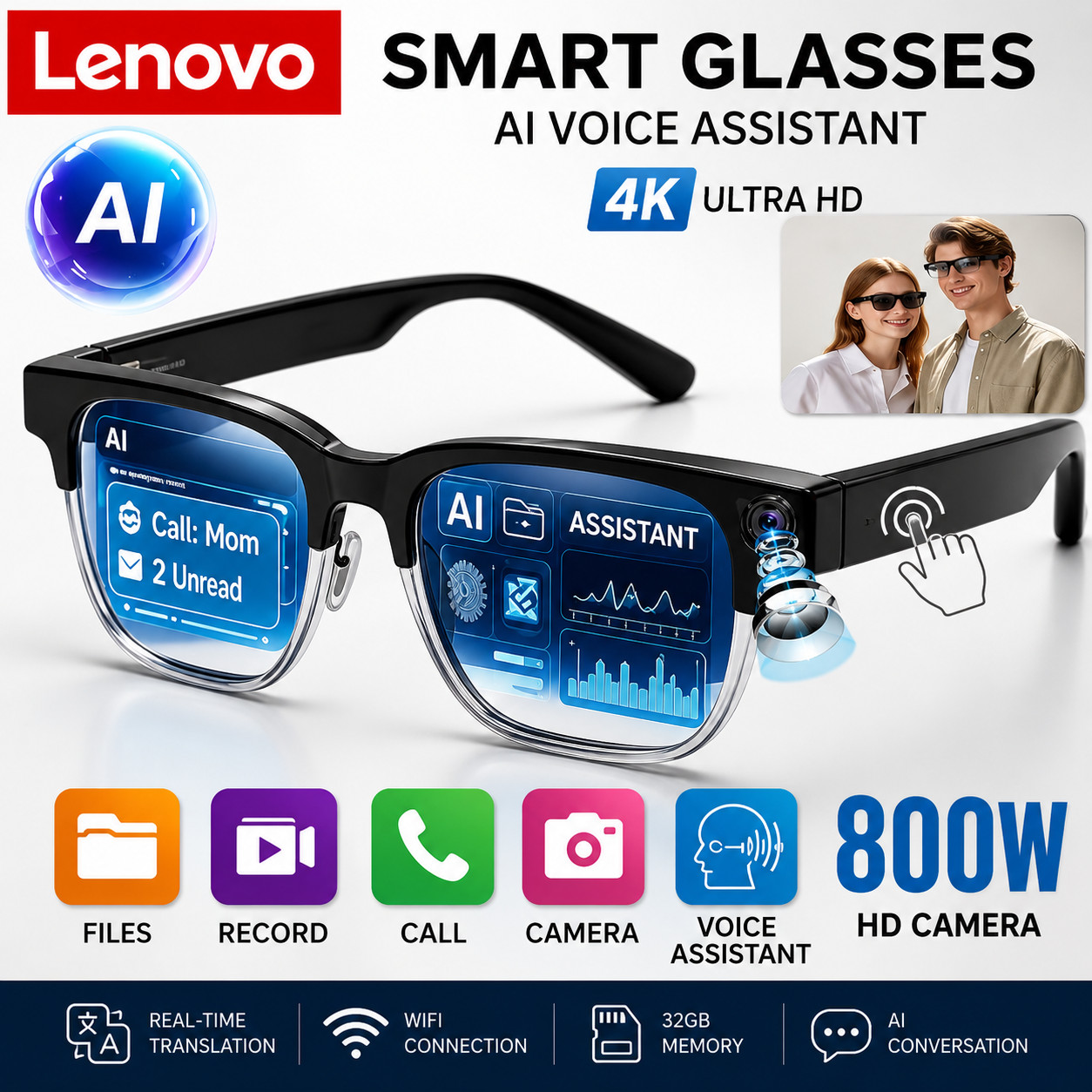 Lenovo AI Smart Glasses 4K Camera Bluetooth Voice Assistant Translator Remote