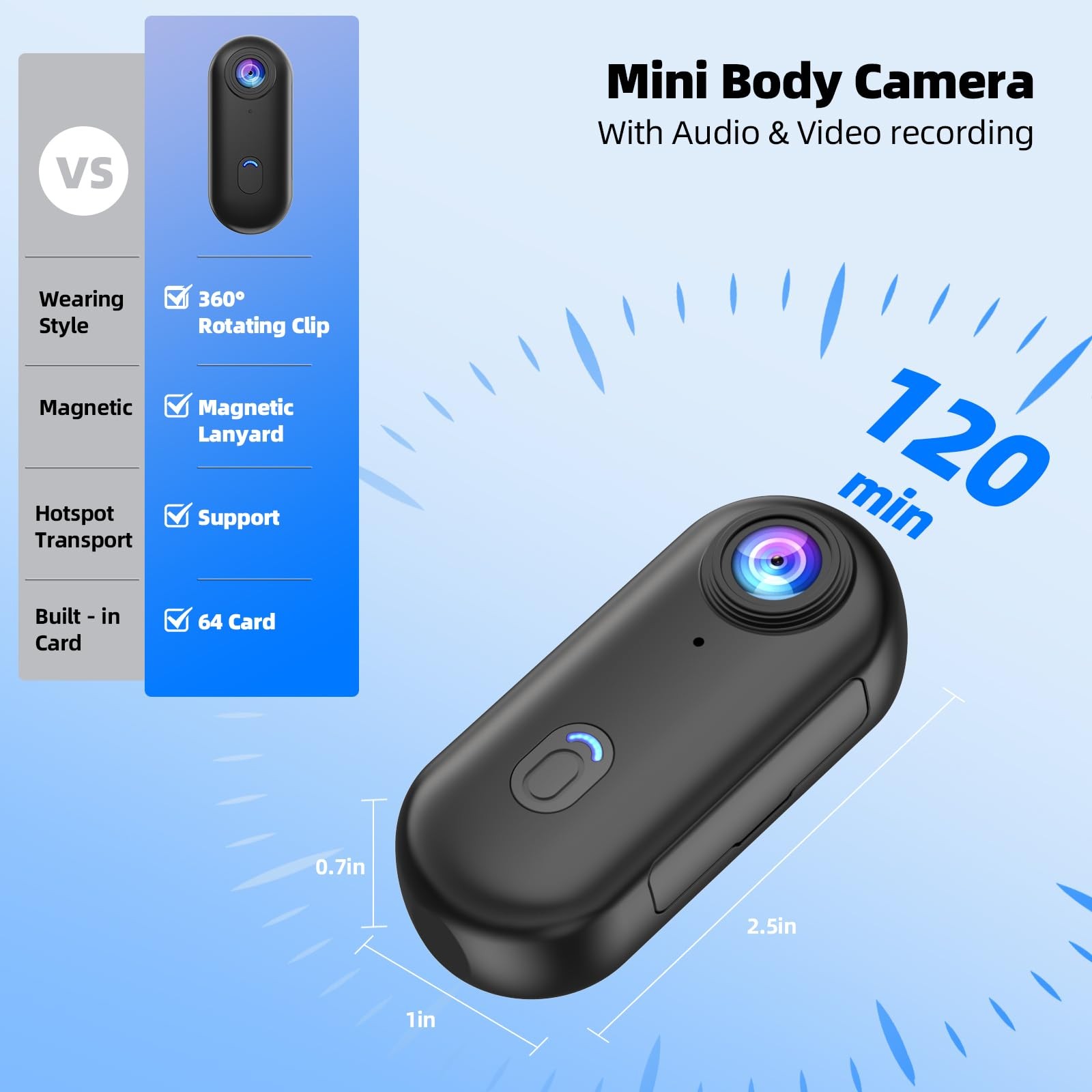 4K Mini Body Camera, 64GB Action Snap Cam, POV Snapcam, Thumb mini, Black