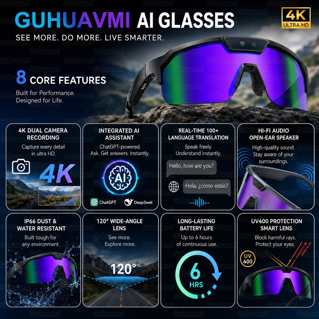 GUHUAVMI AI Smart Sports Glasses 4K Camera | Bluetooth 5.3 AI Assistant