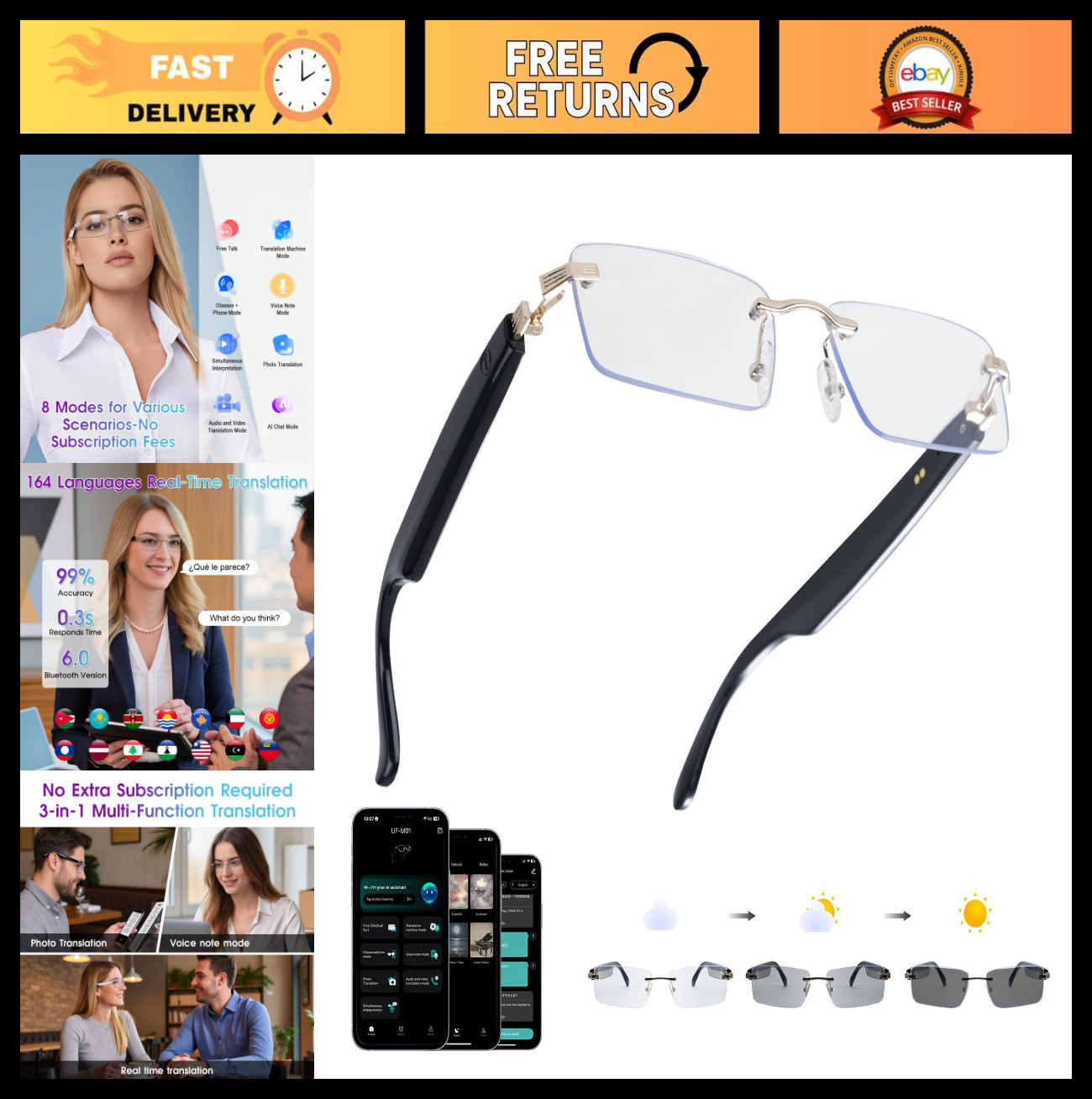 Real-Time AI Translation Glasses, Bluetooth Smart Eyewear for 164 Languages, Pho