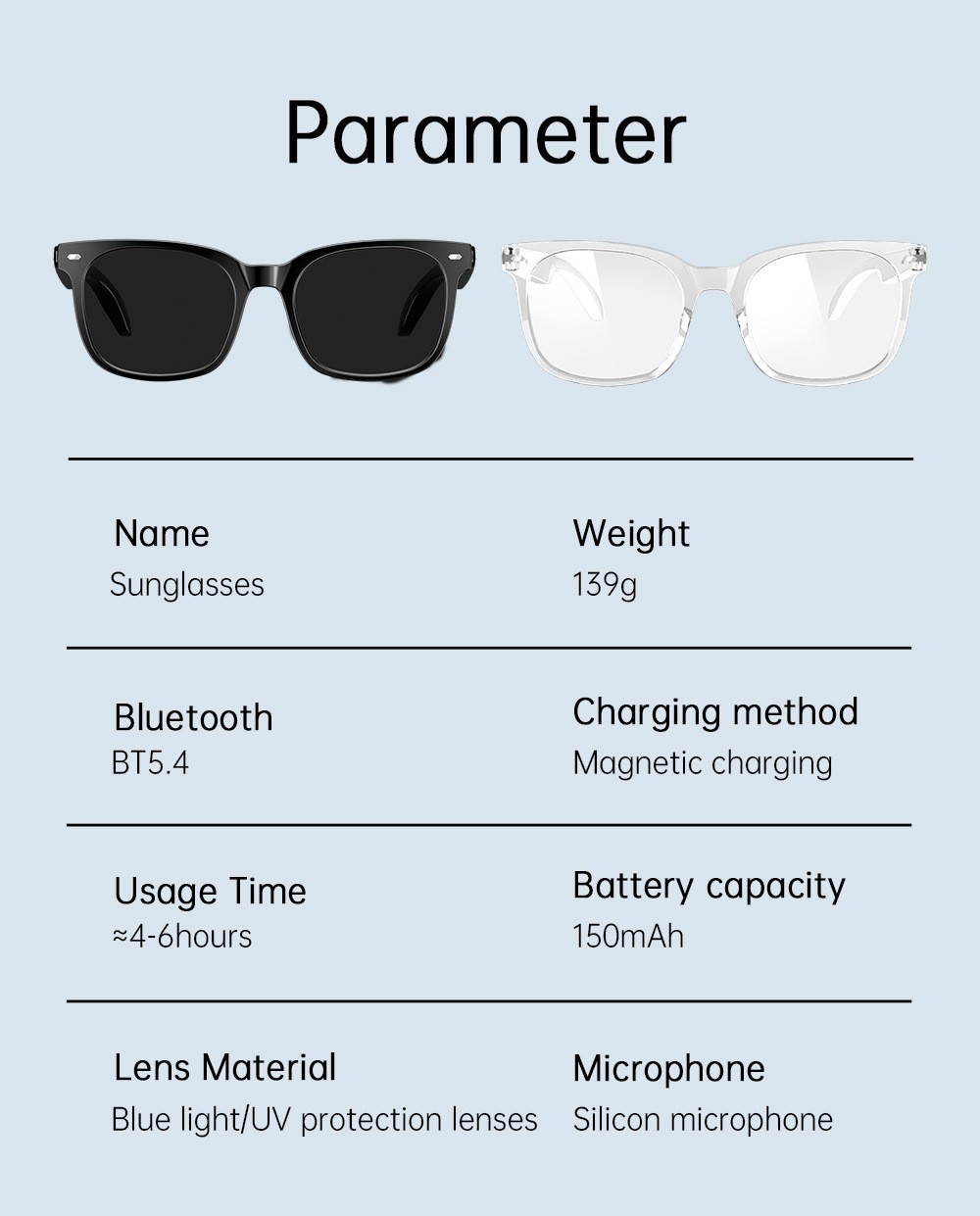 Smart Sunglasses (No Camera) Bluetooth Call Music UV Protection for Men Women