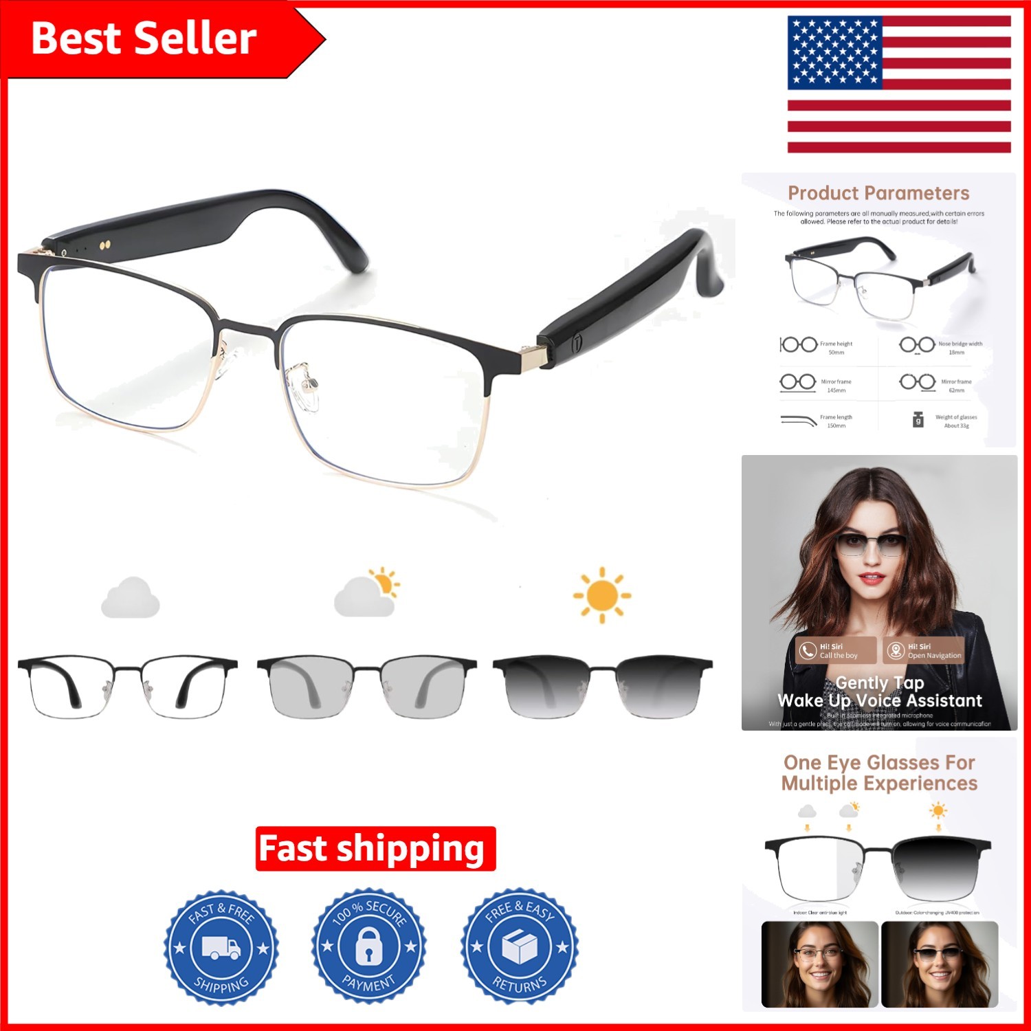 Waterproof Bluetooth Glasses with Audio, UV400 Protection & Quick Charge