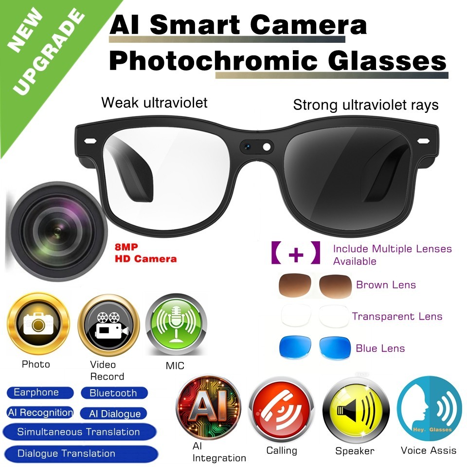 AI Smart Glasses with Camera, 1080P HD Video Recording Glasses, Real-Time