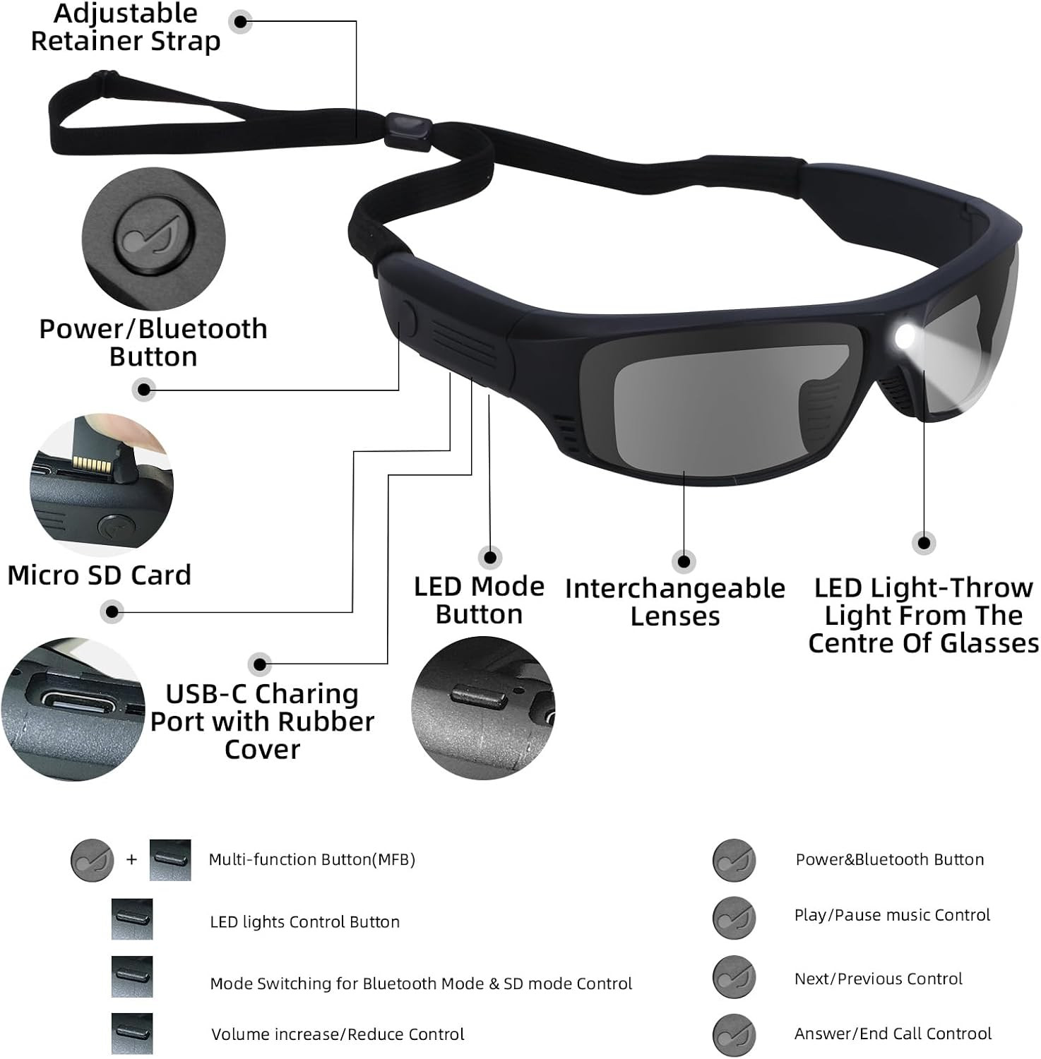 Smart Bluetooth Glasses for Men&Women Ultra Loud Volume,Safety Glasses with Blue