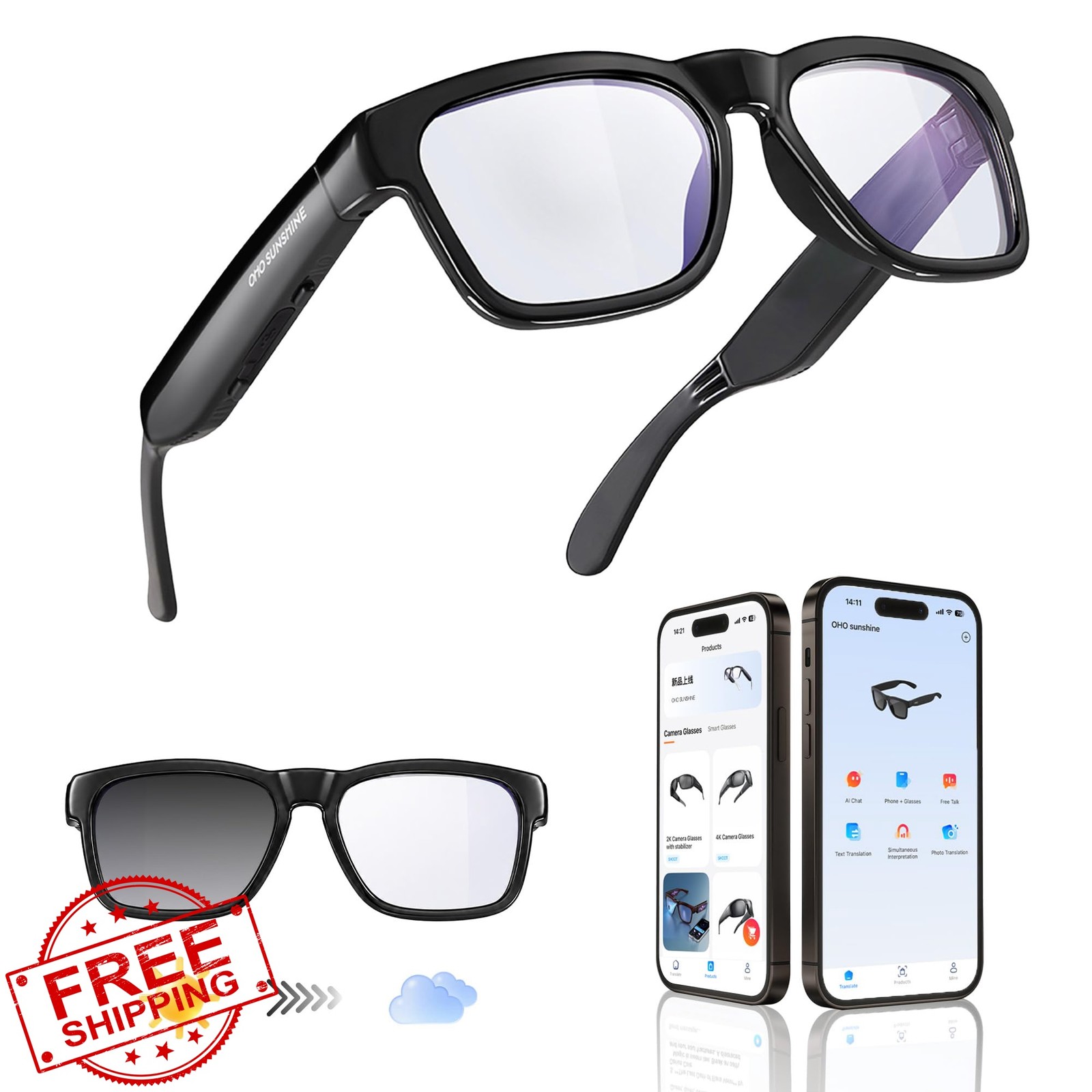 OhO sunshine AI Glasses Bluetooth Audio Sunglasses Transition Blue