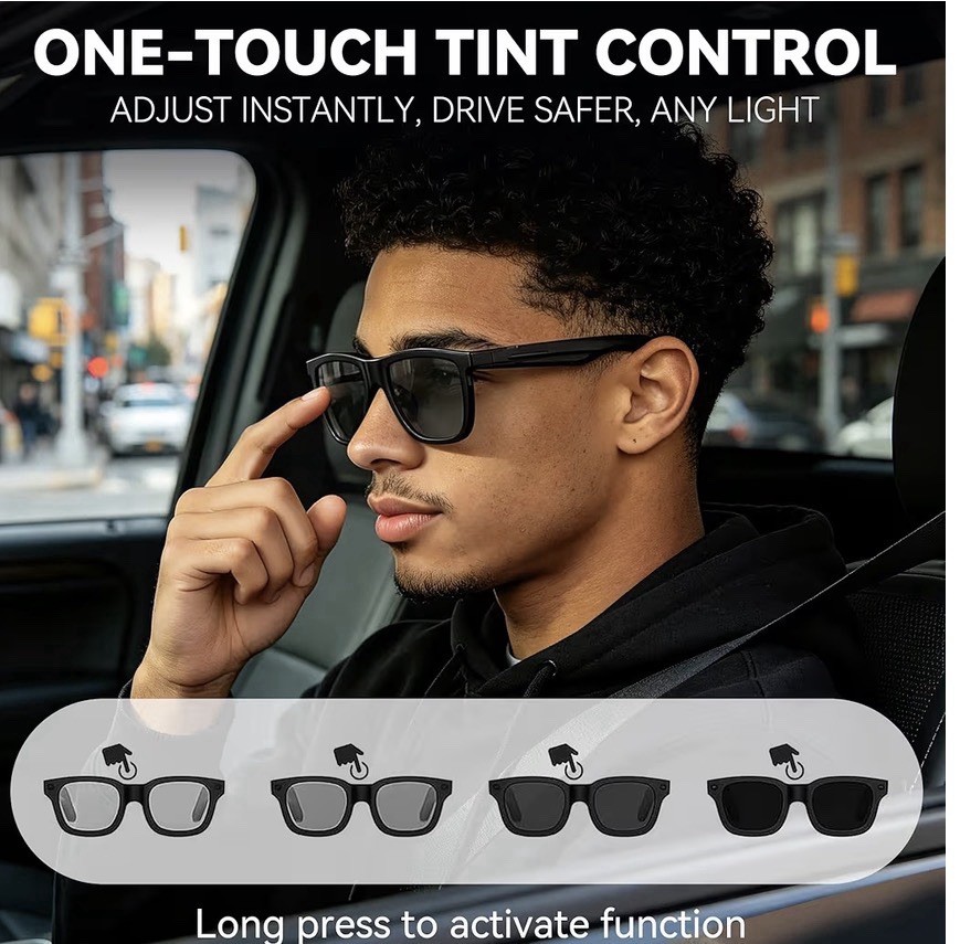 Smart Glasses Bluetooth Tint Control Call Answer Music AI Translation Dual Mics
