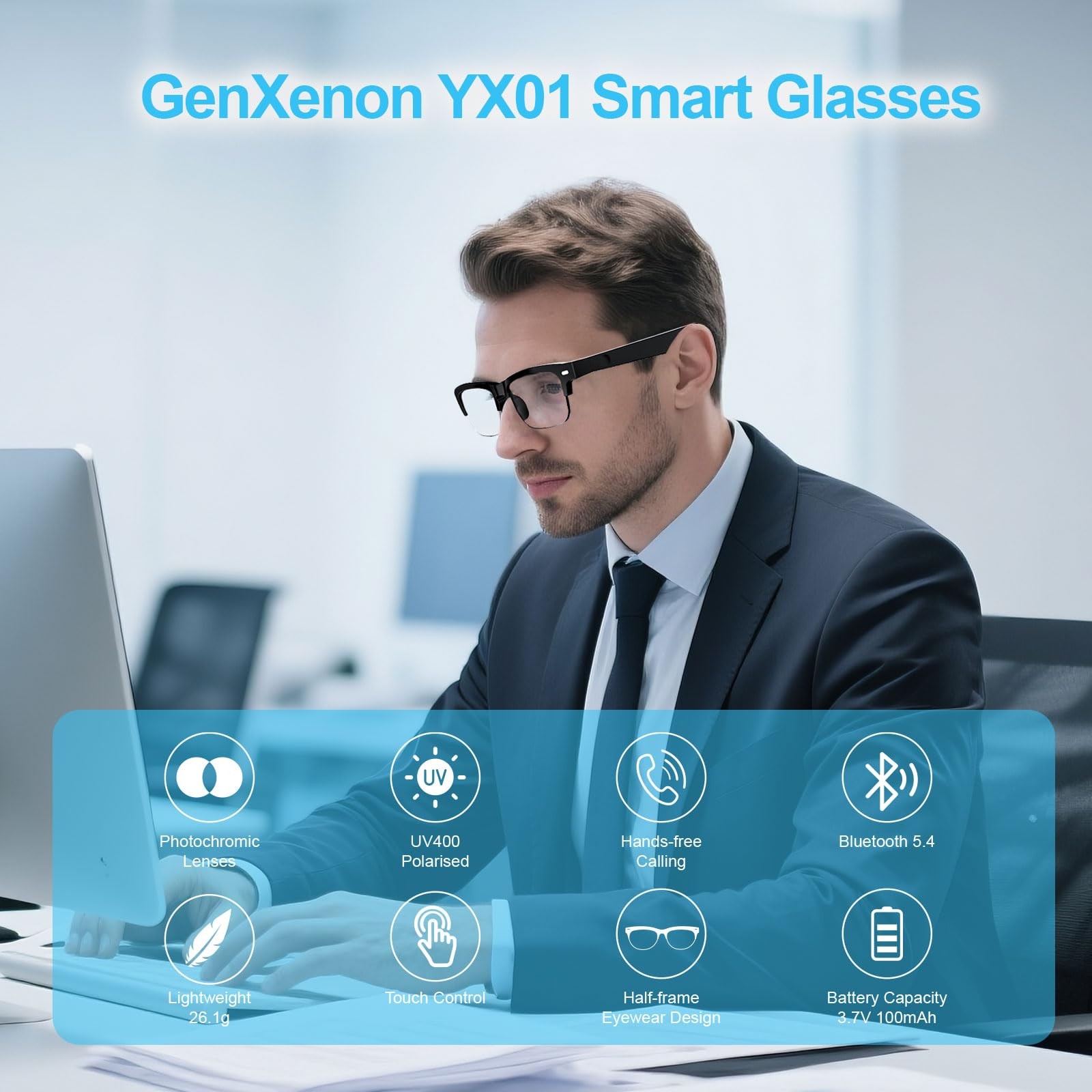 Smart Glasses for Men Women, Anti-Blue Light Photochromic Lenses, Open-Ear Bl…