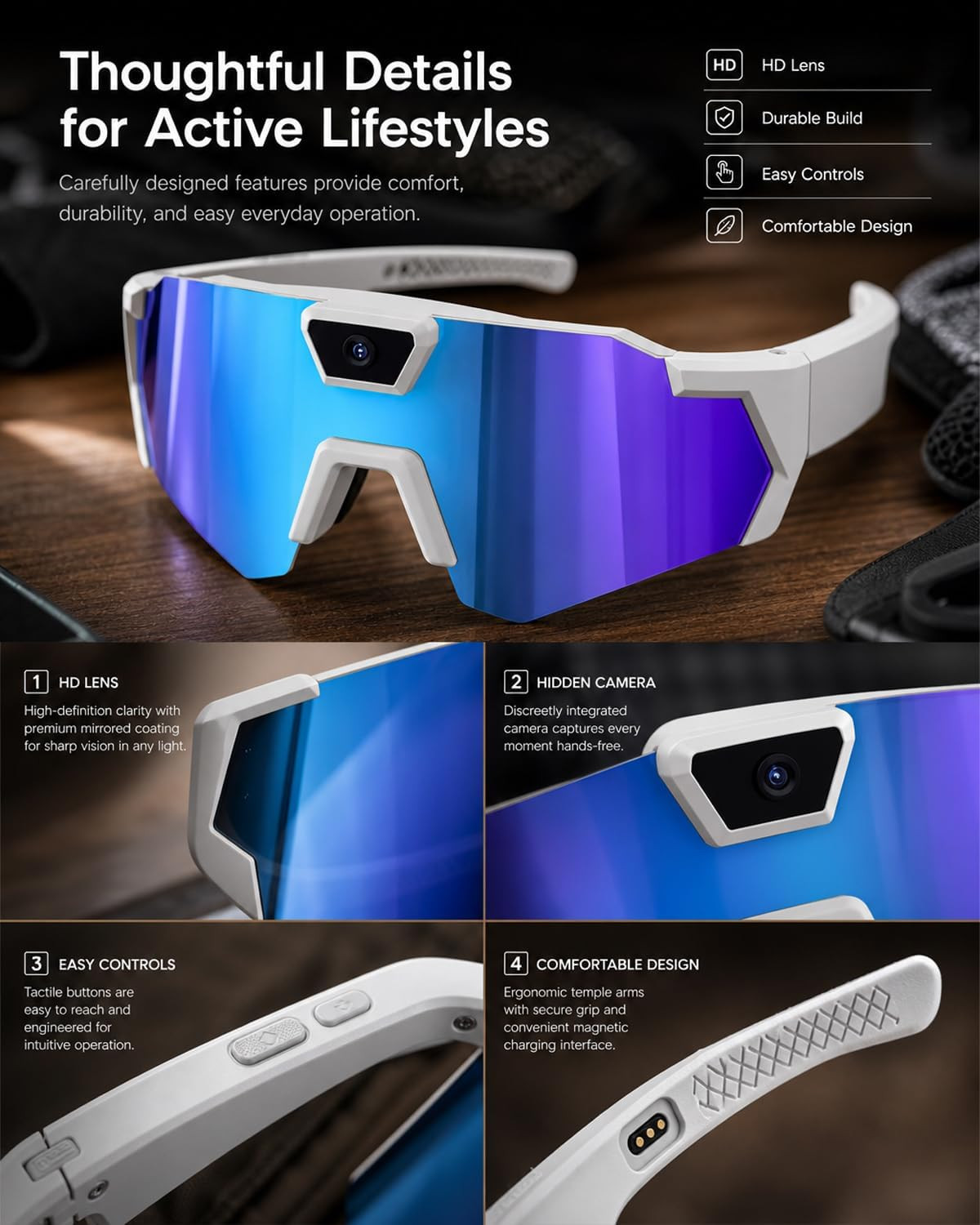 Pov Glasses 4K Baseball with Camera Smart Glasse for Men Women Sunglasses Camera