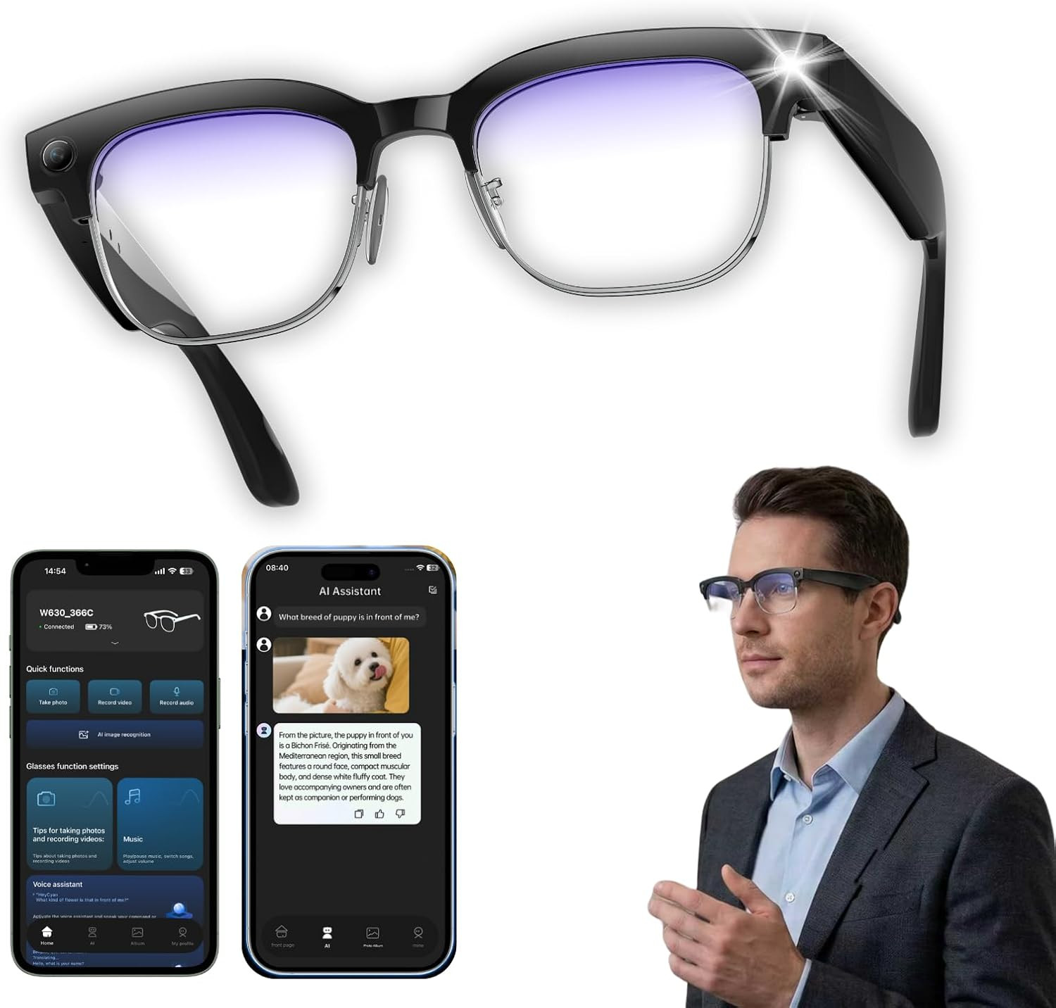 Smart Camera Glasses with Blue Light Lenses–8Mp Hands-Free Photo&Video,Ai Object
