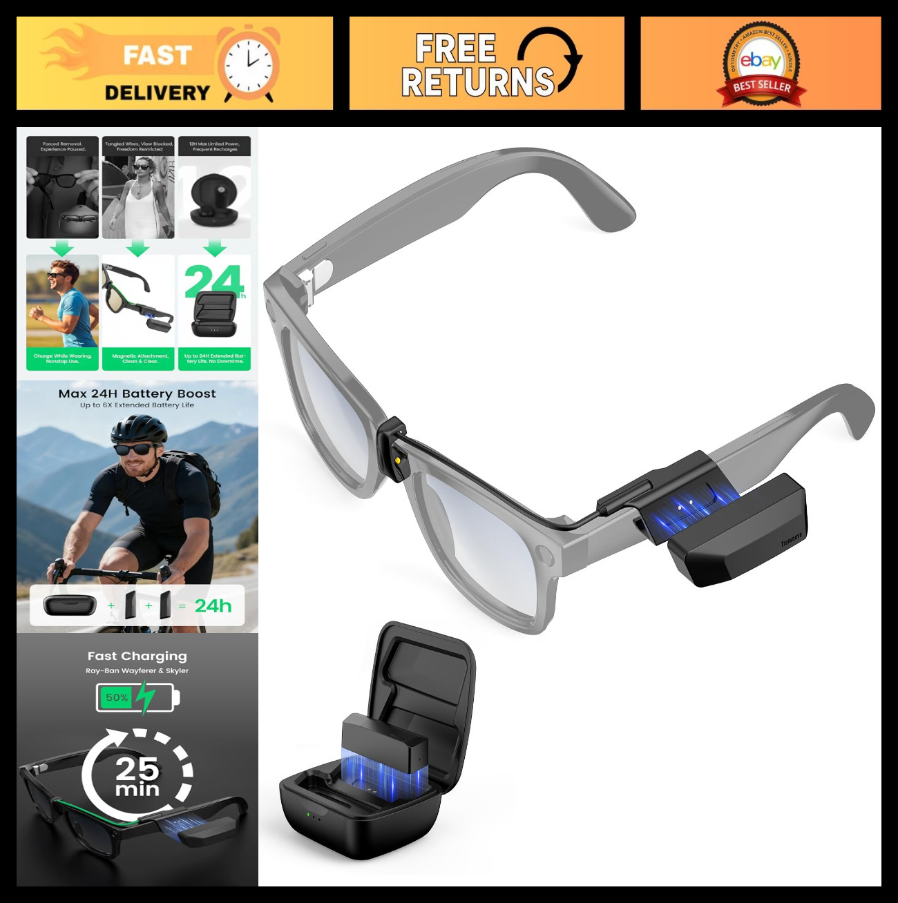 Wearable 1600mAh Charger for Smart Glasses – 24H Battery Pack, Magnetic Accessor