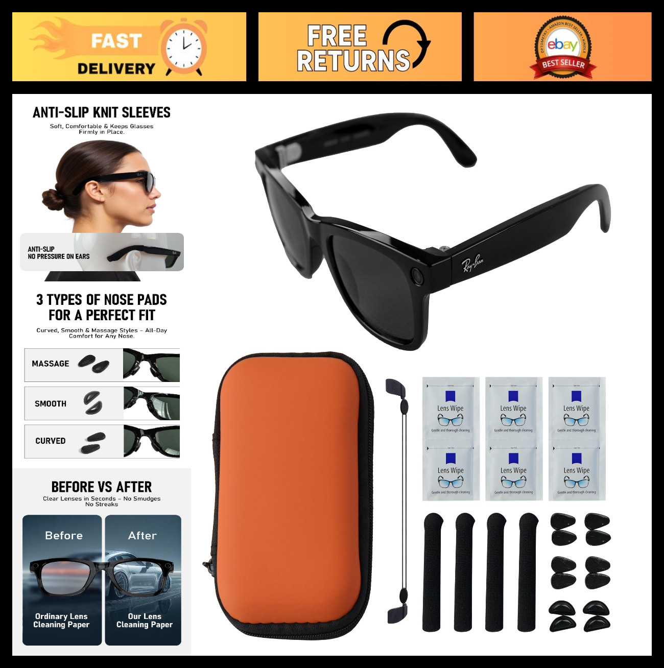 Smart Glasses Accessory Kit – Storage Case, Nose Pads, Lanyard, Lens Cleaners, H