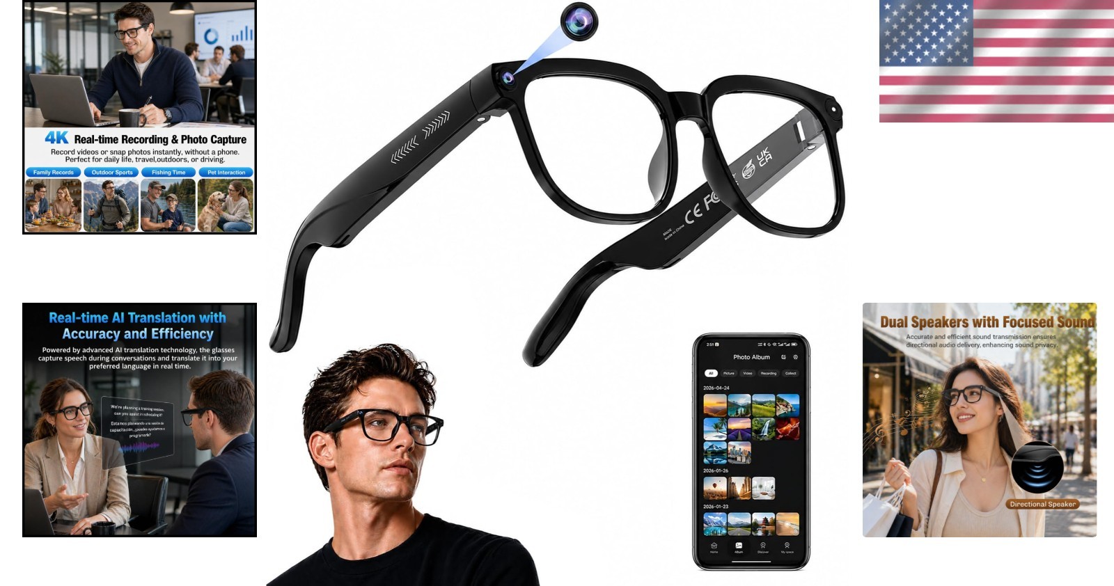 Smart Glasses Camera 4K HD Video Capture Real-Time Translation AI Assistant