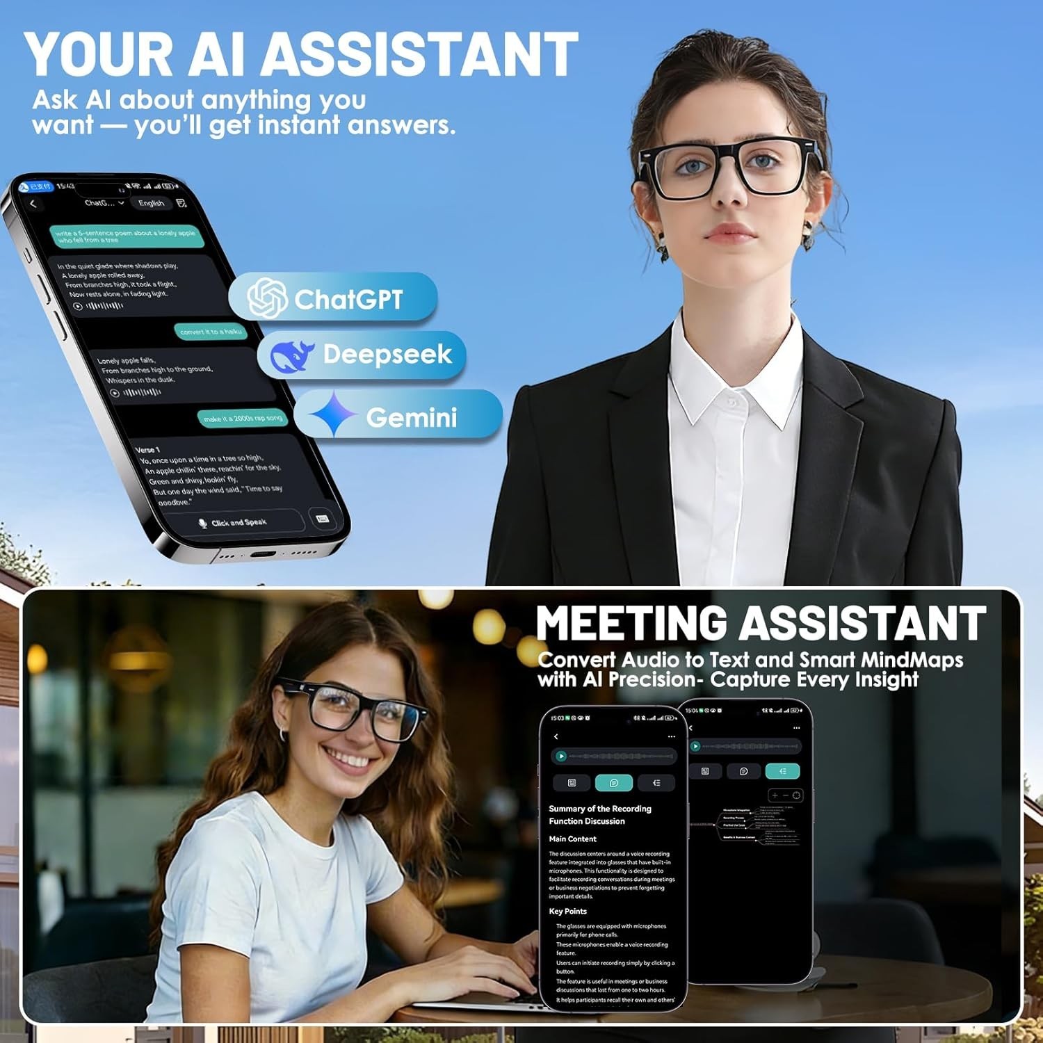 Bluetooth Smart Glasses with Photochromic Lenses & AI Assistant – Unisex Style