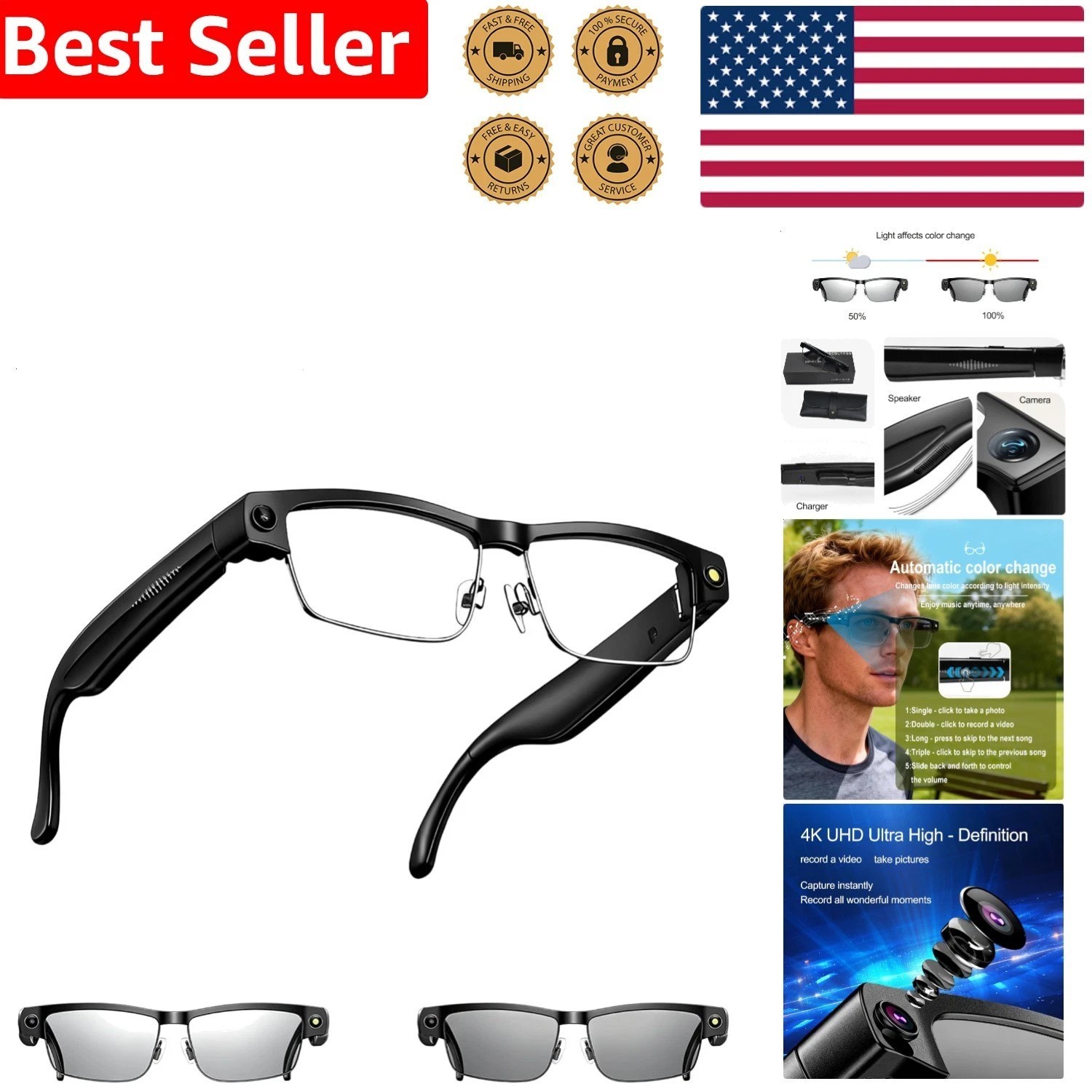 AI Smart Glasses Camera 8MP HD Video Bluetooth Metal Frame Real-Time Translation