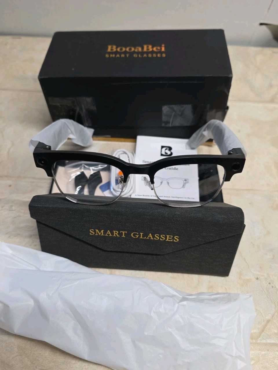 BooaBei Smart Glasses Photochromic Lens USB Connectivity Charging Cable and Case