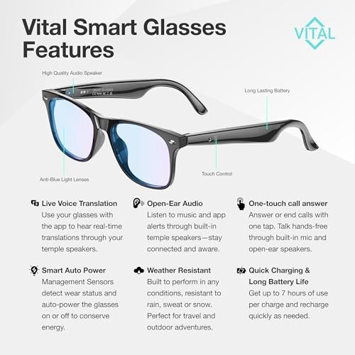 Vital Smart Glasses for Men AI Translation – Open-Ear Bluetooth 5.3 Audio, 164