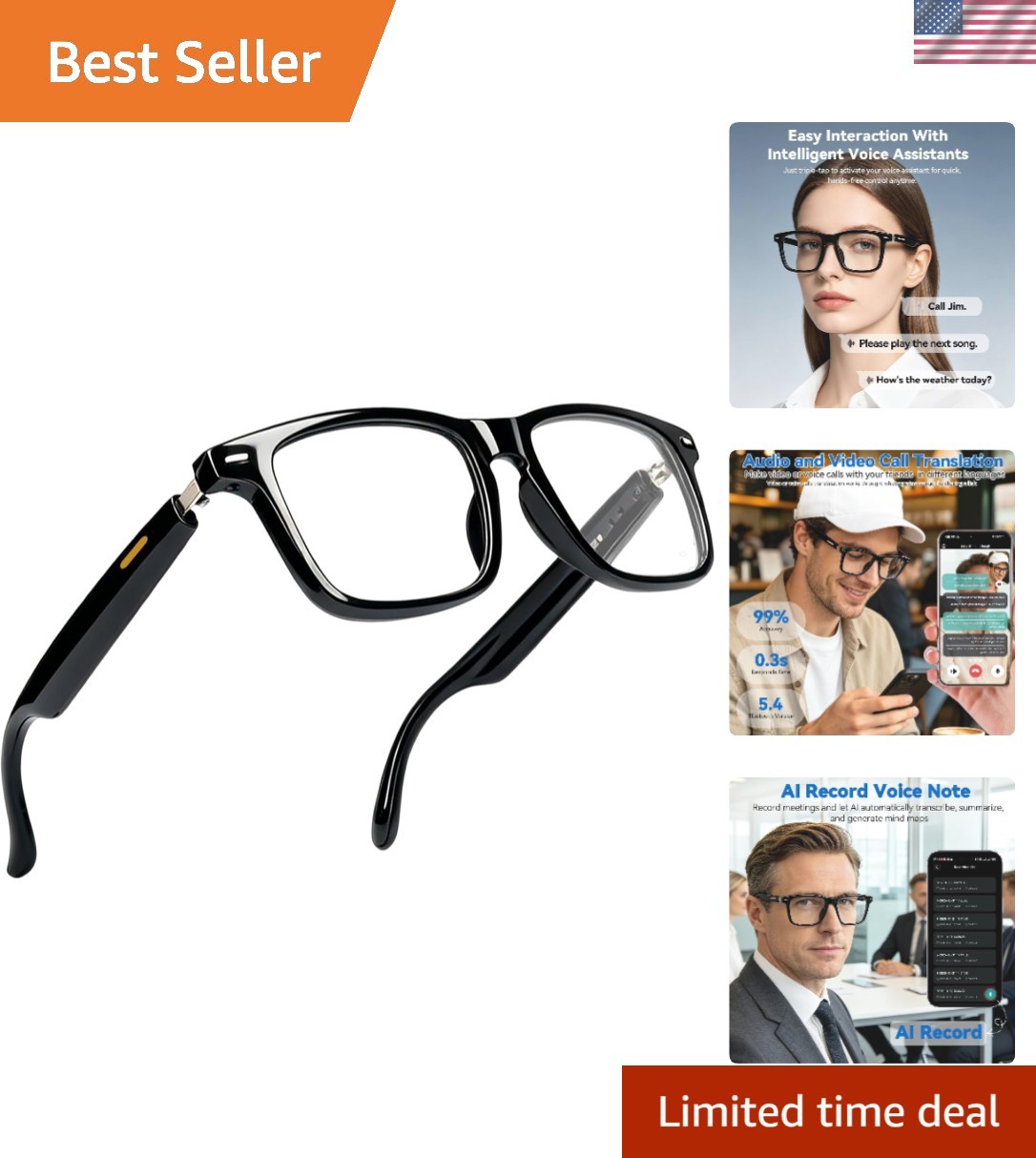 Photochromic AI Smart Glasses – Music, Hands-Free Calls & Real-Time Translation