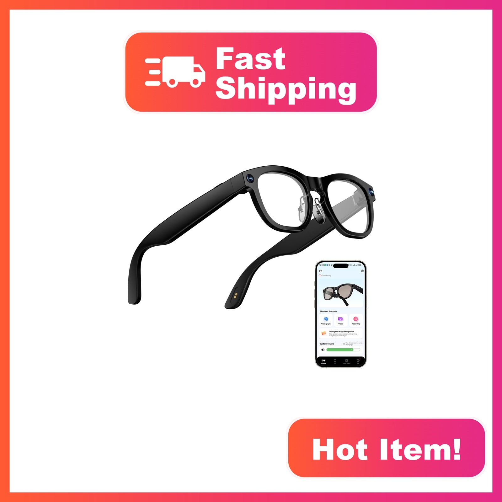 KWENRUN AI Smart Glasses Matte Black 8MP Camera 1080P Open-Ear
