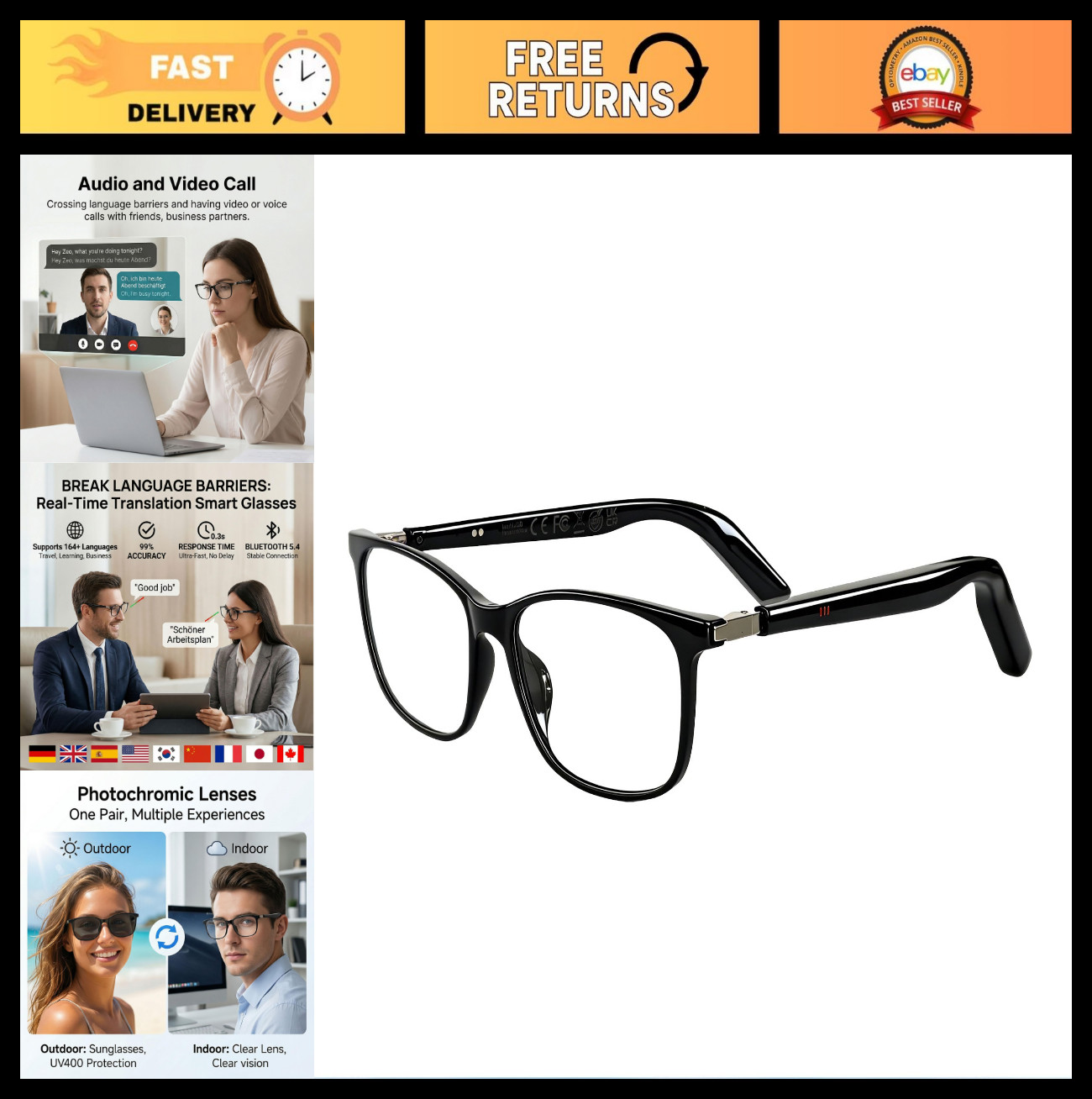 Smart Bluetooth Glasses with 164 Language Translator, Photochromic Lenses, Open-
