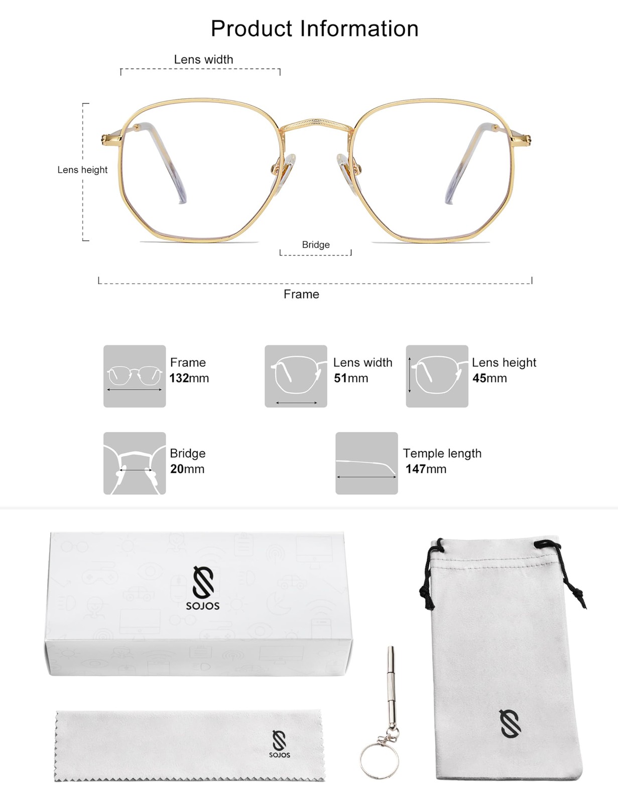 SOJOS Small Blue Light Blocking Glasses Hexagonal Tiny, 0c1 Gold Frame