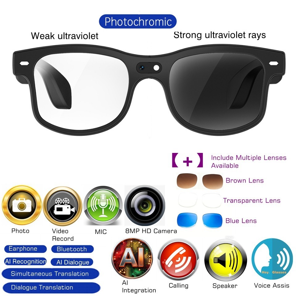 Smart Glasses – 1080P HD Camera, AI Voice, Bluetooth Call, Photochromic Lenses