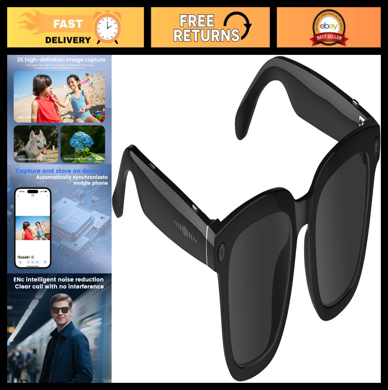 AI Smart Glasses 80MP HD Camera, 1080P Video, Bluetooth, Voice Control, Lightwei