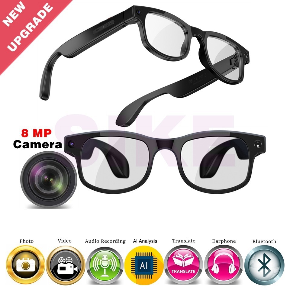 Smart Glasses Photo Video Recording AI Translation 8MP Camera and Bluetooth-Com
