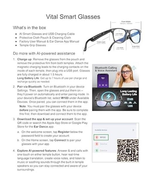 Vital Smart Glasses for Men AI Translation – Open-Ear Bluetooth 5.3 Audio, 164