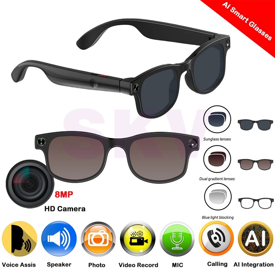 AI Smart Glasses Video Camera Call Music Translator 100+ Languages Bluetooth