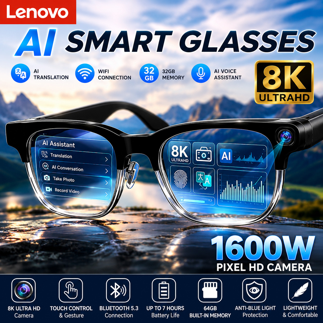 Lenovo AI Smart Glasses 8K Camera Bluetooth Voice Assistant Translator Eyewear
