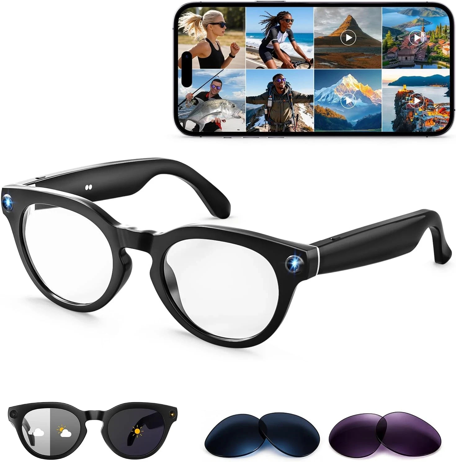 AI Smart Glasses with 2K Camera, Voice Assistant & 3 Lens Options