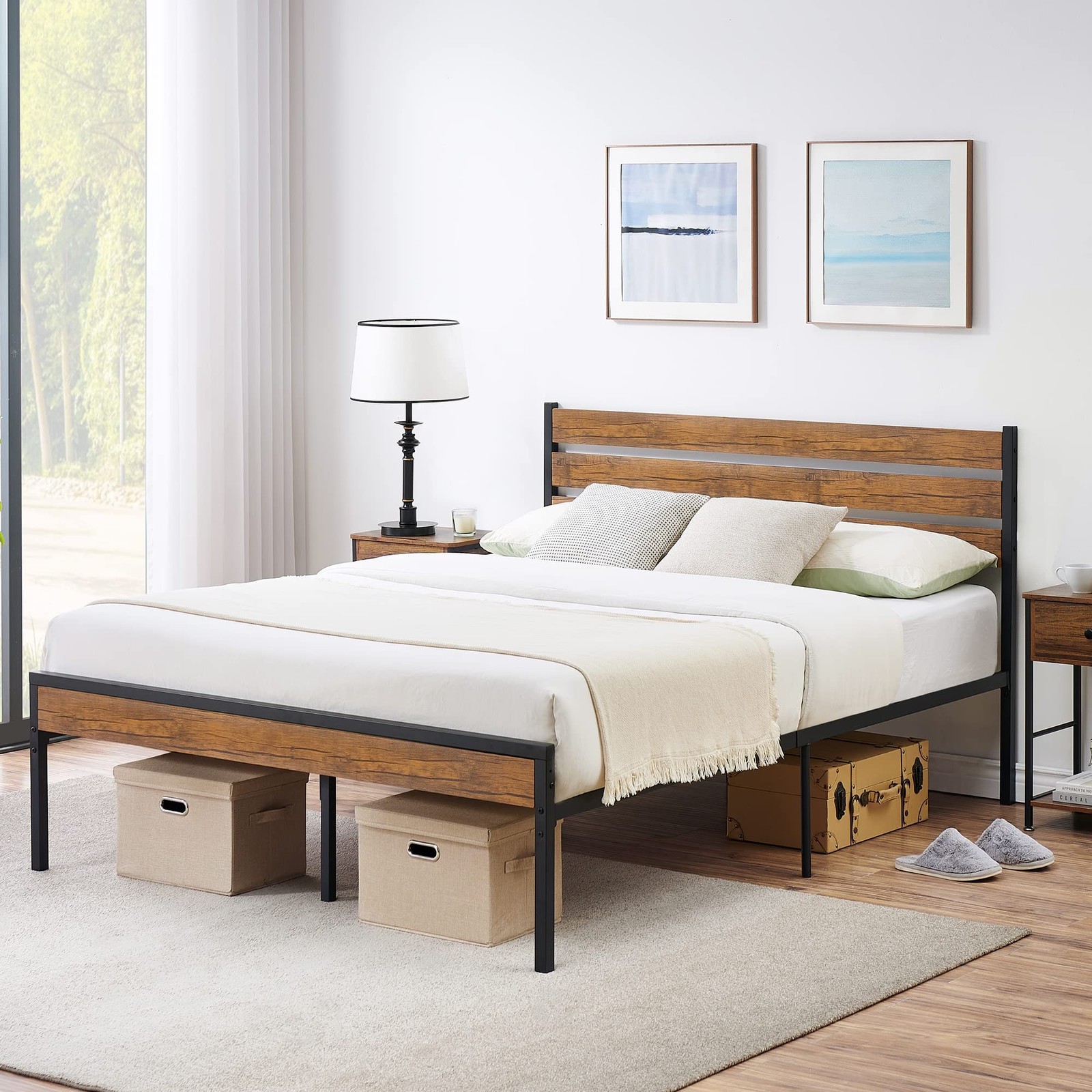 Amyove Full Size Bed Frame with Rustic Vintage Wood Headboard, Meta… Fast Ship